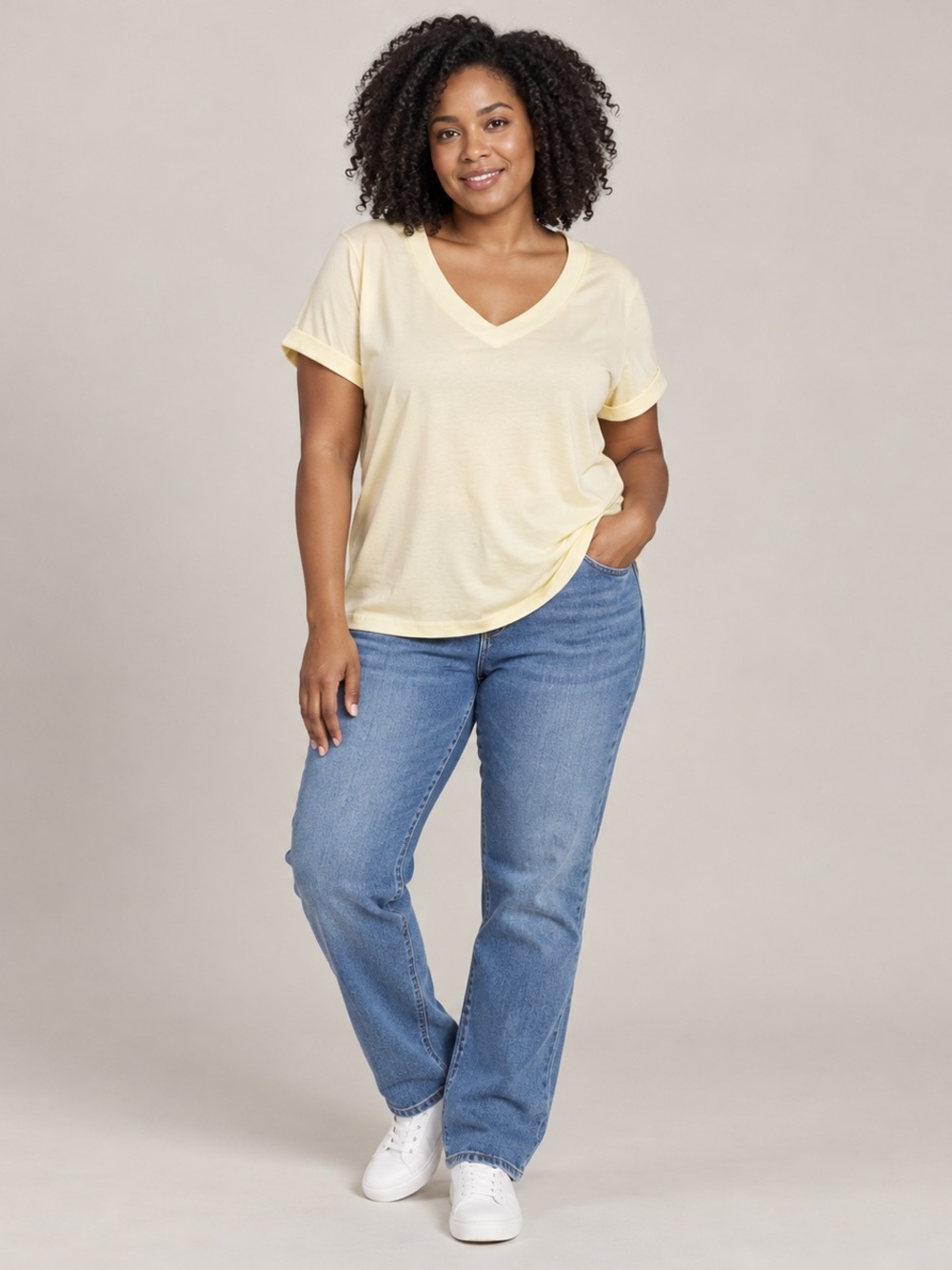 NWT ATHMILE Womens XL Butter Yellow V Neck Cuffed Sleeve Tee